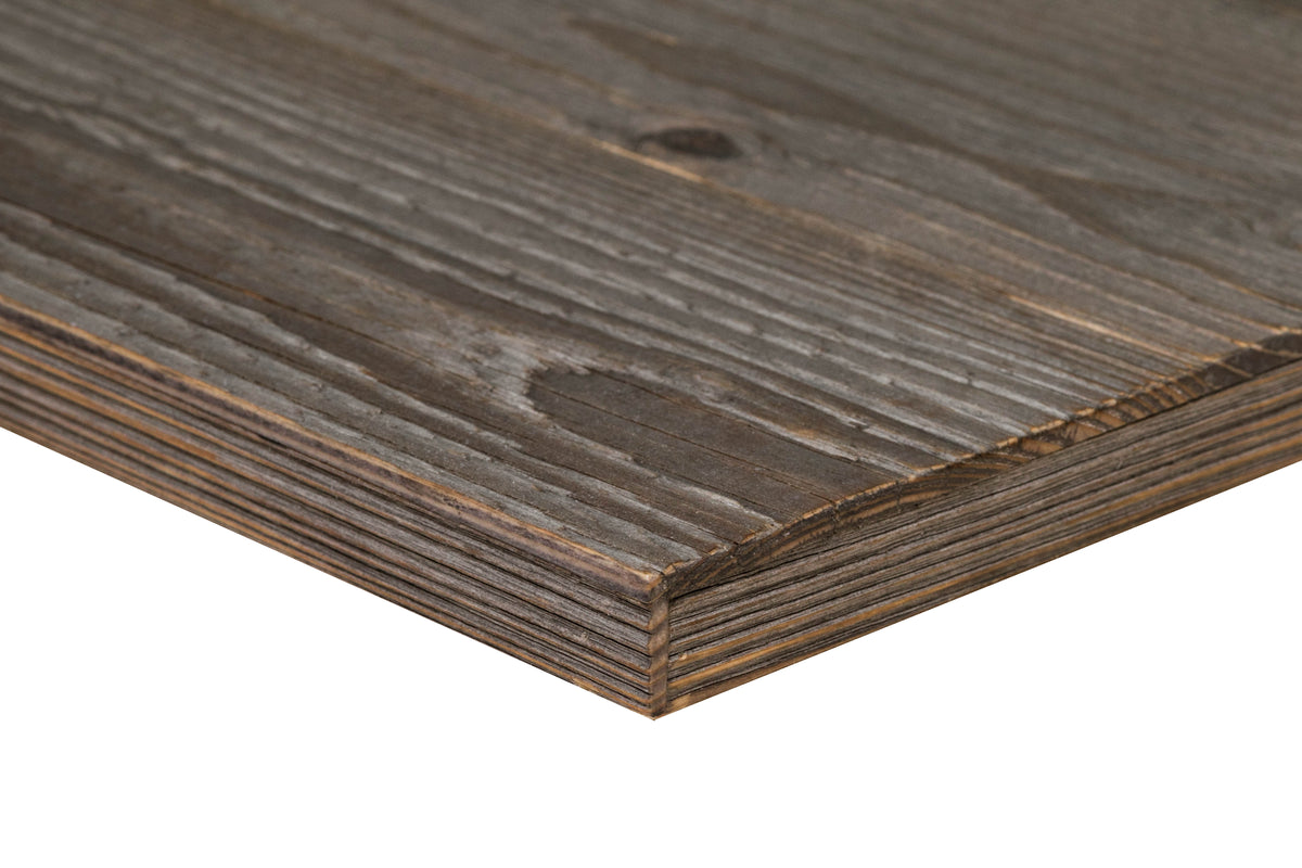 Close-up of a cool grey reclaimed barn wood panel edge featuring weathered grain and subtle natural variation.