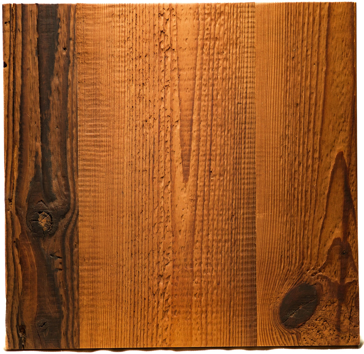 Engineered reclaimed wood sample in Cherry Brown finish