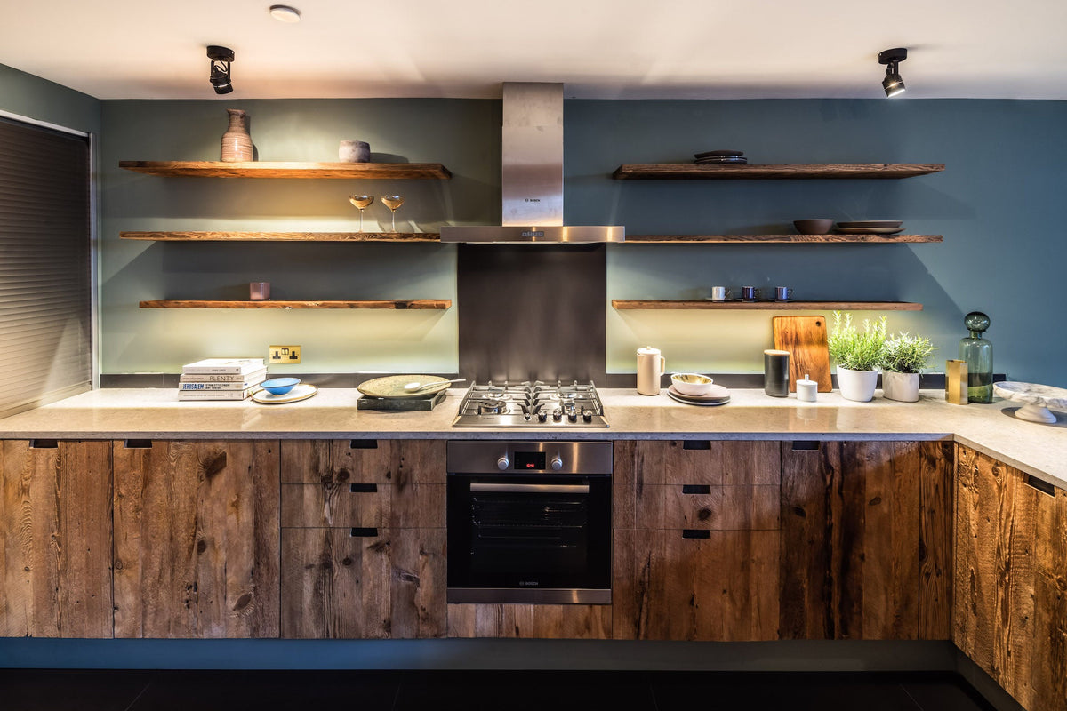 kitchen loft style reclaimed solid wood with floating shelves and stone worktop