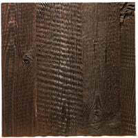 A square dark brown wood panel with a distressed, weathered texture and visible grain patterns, centered on a solid white background.