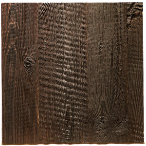 A square dark brown wood panel with a distressed, weathered texture and visible grain patterns, centered on a solid white background.