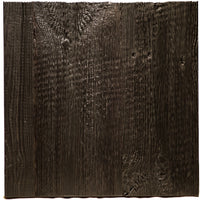 A square dark brown wood panel with a distressed, weathered finish and visible wood grain texture, centered on a plain white background.