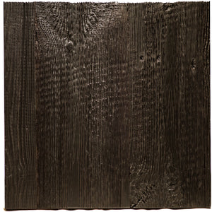 A square dark brown wood panel with a distressed, weathered finish and visible wood grain texture, centered on a plain white background.
