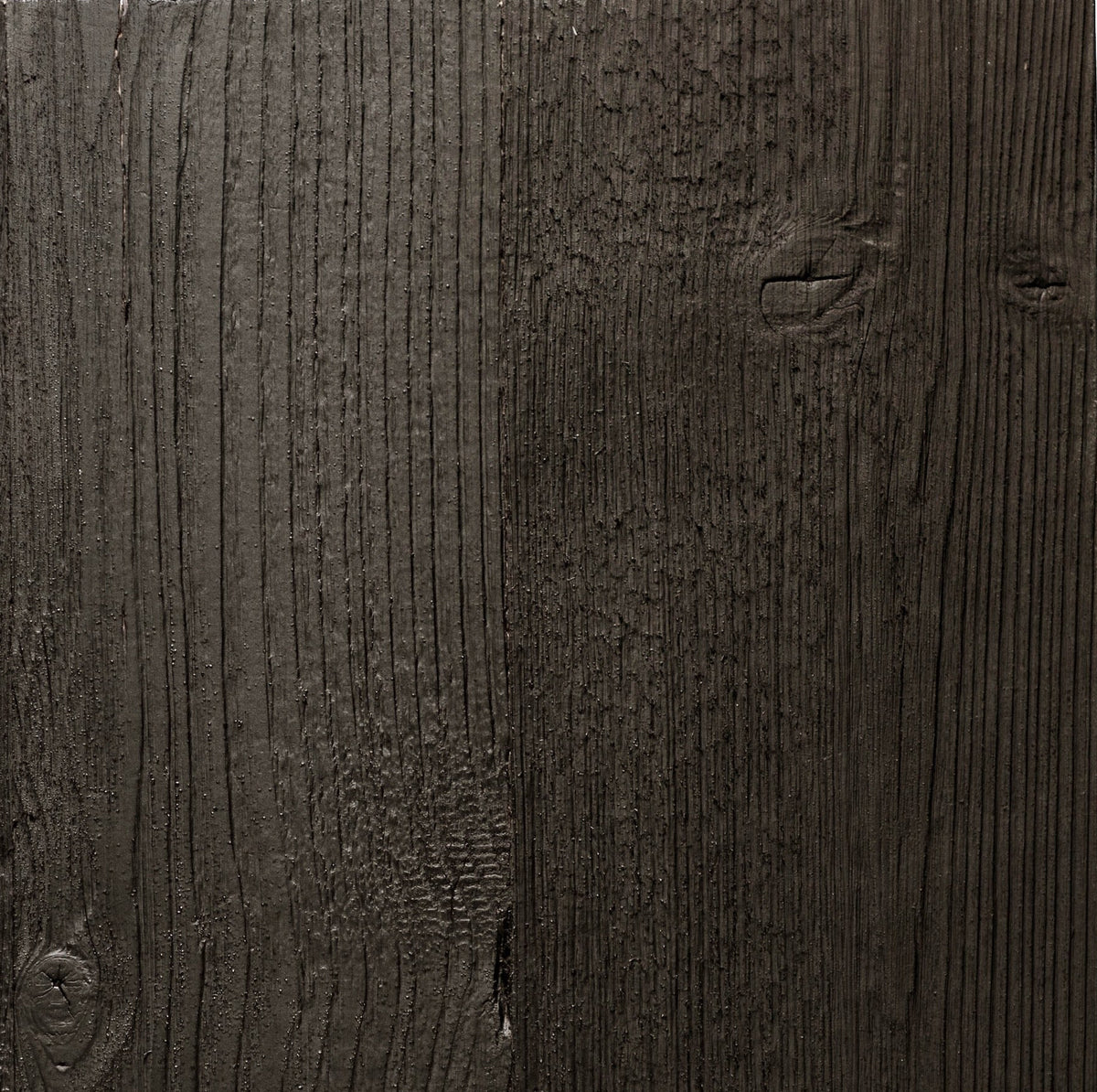 A square sample of black solid reclaimed wood grain texture, for cupboard doors.