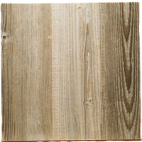 A square sample of weathered wood paneling with vertical grain patterns in shades of brown and beige, isolated on a white background.
