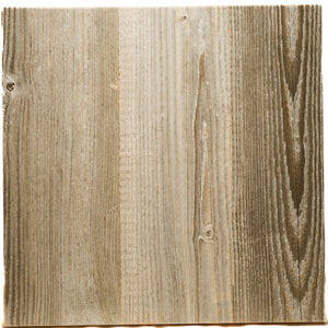 A square sample of weathered wood paneling with vertical grain patterns in shades of brown and beige, isolated on a white background.