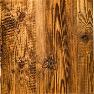 A square sample of rustic stained wood paneling with prominent grain, knots, and vertical plank lines, shown against a solid white background.
