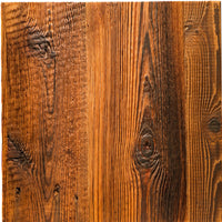 A square sample of rustic stained wood paneling with vertical grain and dark knots, shown against a plain white background.