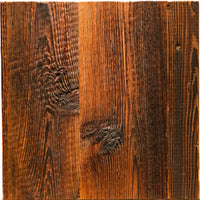 A square sample of rustic stained wood planks with a rich brown and amber finish, showcasing detailed grain and knots, isolated on a white background.