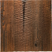 A square sample of rustic dark brown wood grain texture, showing prominent vertical grain patterns and natural knots, isolated on a solid white background.