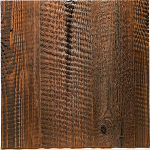A square sample of rustic dark brown wood grain texture, showing prominent vertical grain patterns and natural knots, isolated on a solid white background.