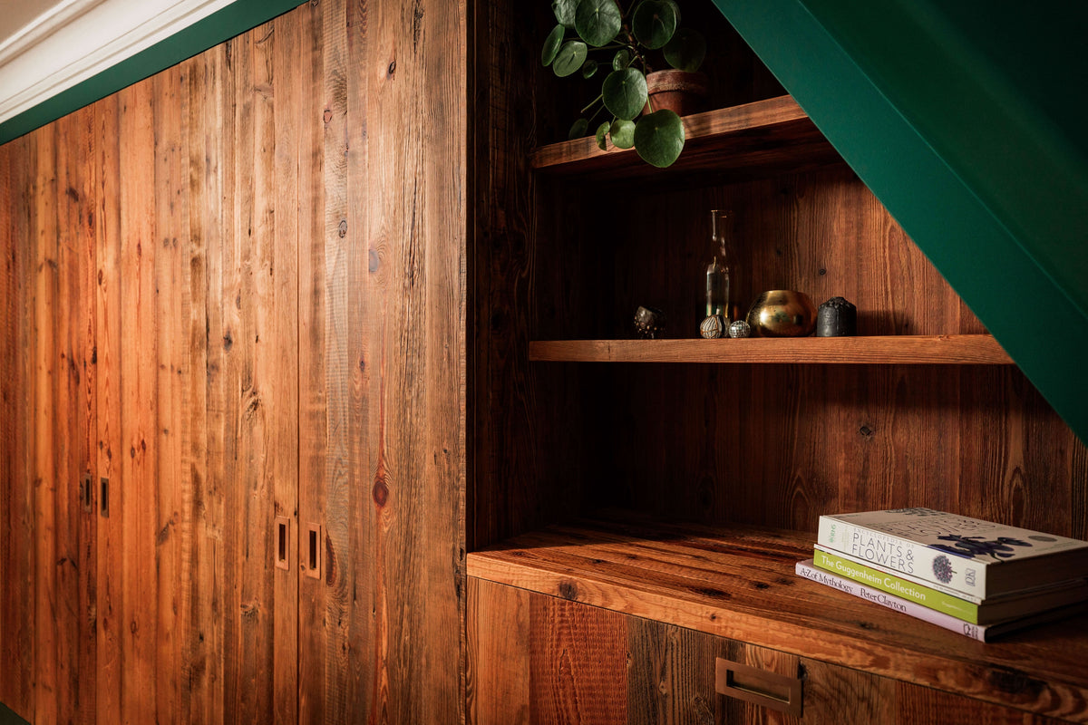 reclaimed barn wood bedroom wardrobe door with matching natural shelves handcrafted in the uk